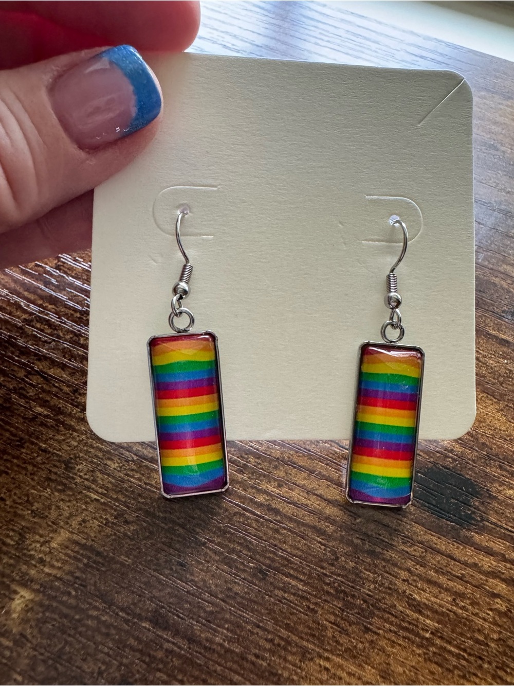 Rainbow Pride Stripe Cabochon Dangle Drop Earrings Silver Tone Rectangular